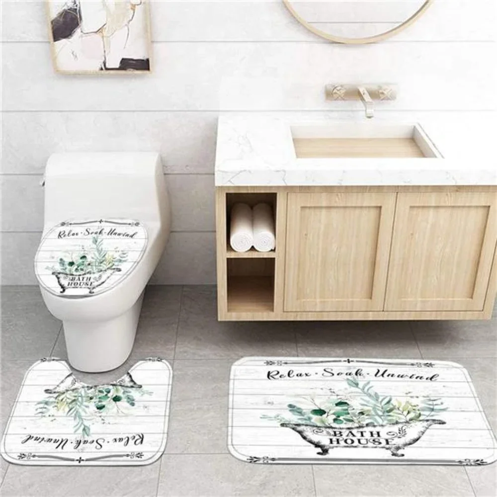 4Pcs Farmhouse Shower Curtain Set Vintage Floral BathroomSet with Shower Curtain